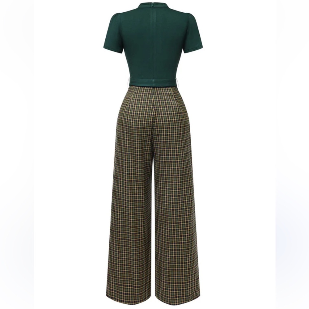 Retrostage GREEN 1930S PLAID KEYHOLE NECK BELTED JUMPSUIT small NWT - Picture 2 of 13